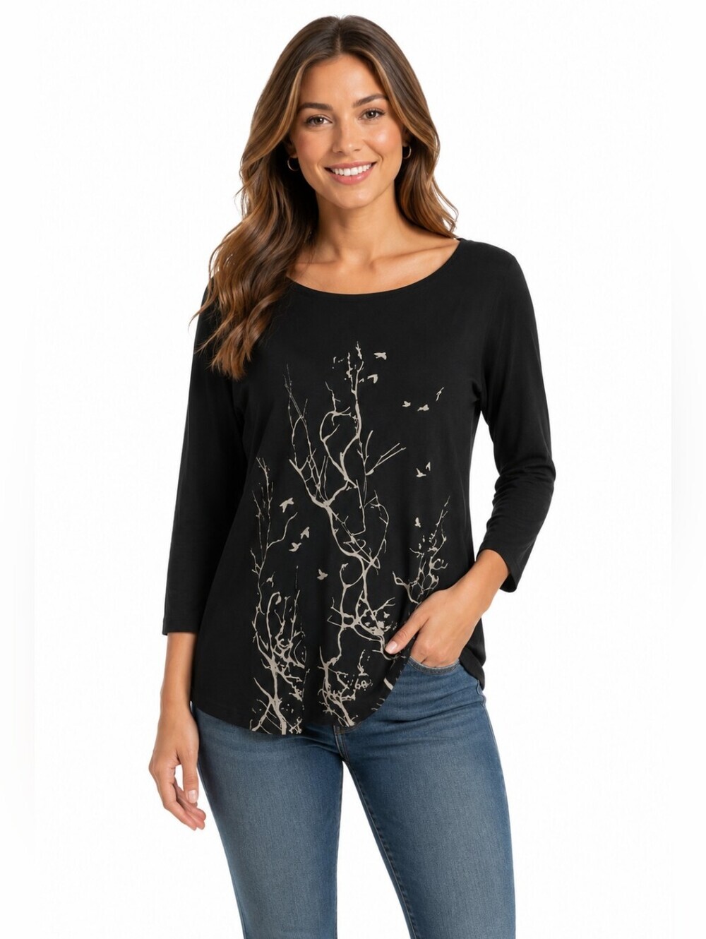 Mexx Long Sleeved Shirt, Black, Branches, Birds, M